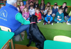 Grupka dzieci siedzących na dywanie słuchających ciekawostek na temat dogoterapii